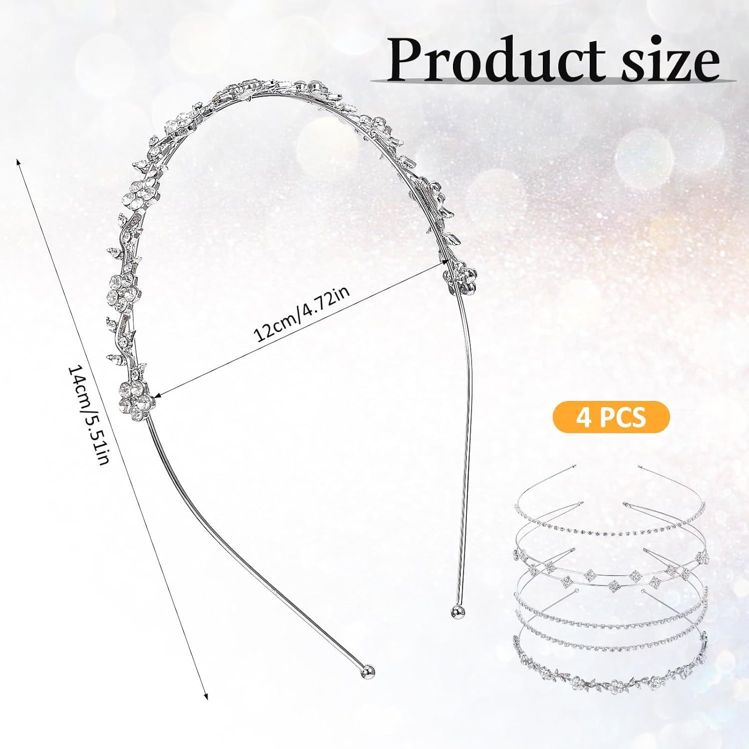 Prasacco Pack of 4 Silver Rhinestone Headband, Wedding Bridal Headband, Rhinestone Headband for Women and Girls, Sparkling Crystal Hair Band for Wedding, Dance, Party, Stage, Daily Life (4 Styles) image number 2