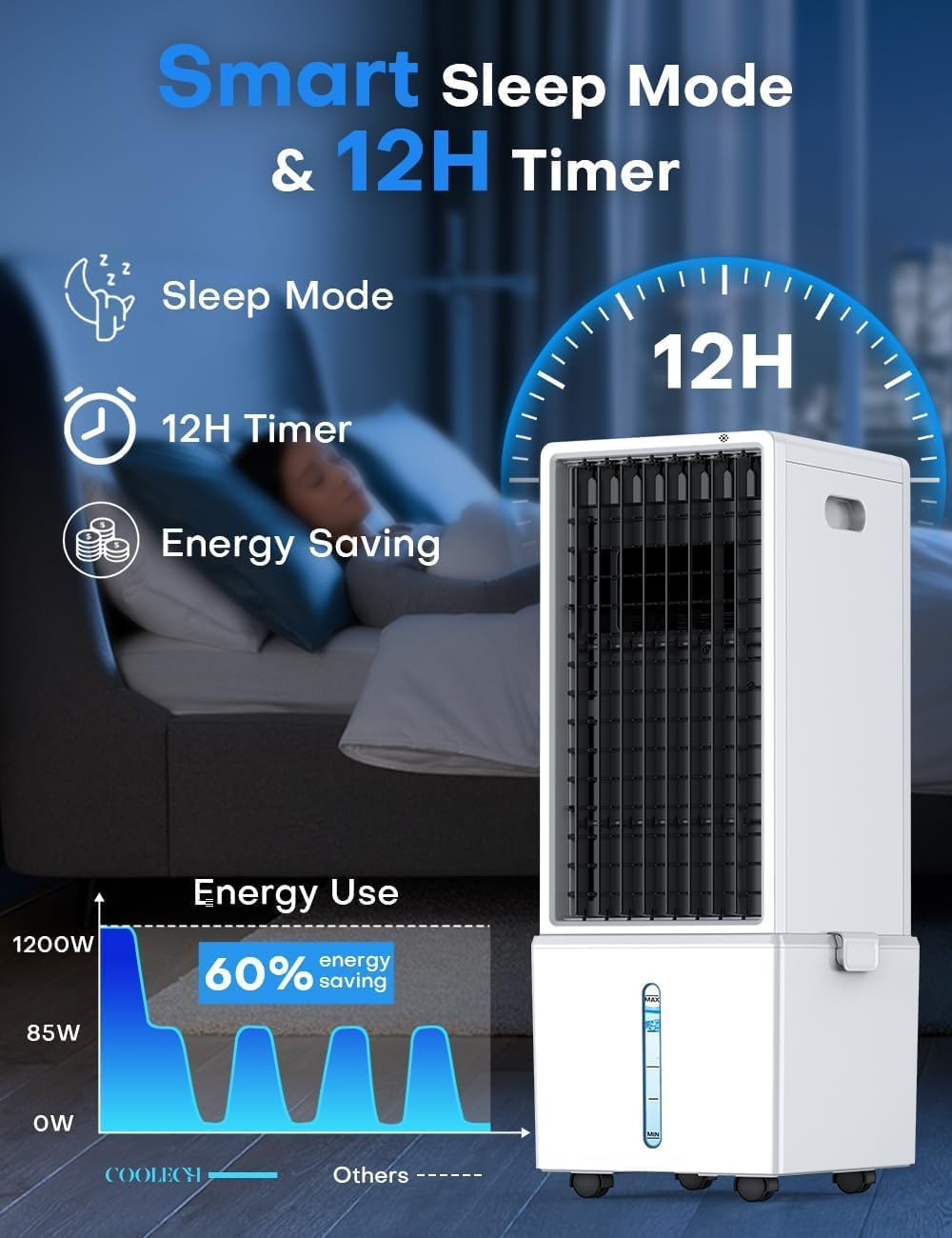 Portable Air Conditioner, 4-IN-1 Windowless Air Conditioner W/12L Tank for 24H Cooling, 4 Modes&4 Speeds,Led Display, Waterless Alert System, 12H Timer, Evaporative Air Cooler for Room image number 6