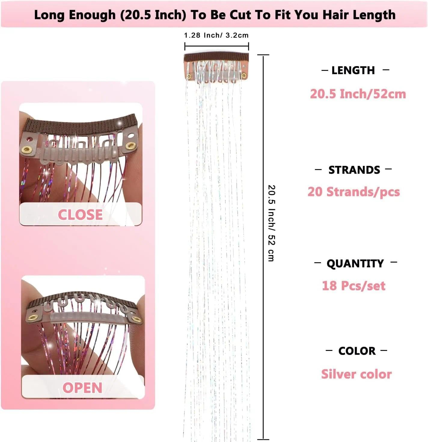 Clip-In Hair Tinsel Extensions with Glitter, 20.5 Inch Reusable Party Hair Accessories for Women, Girls, Kids of All Ages - Auroly image number 1