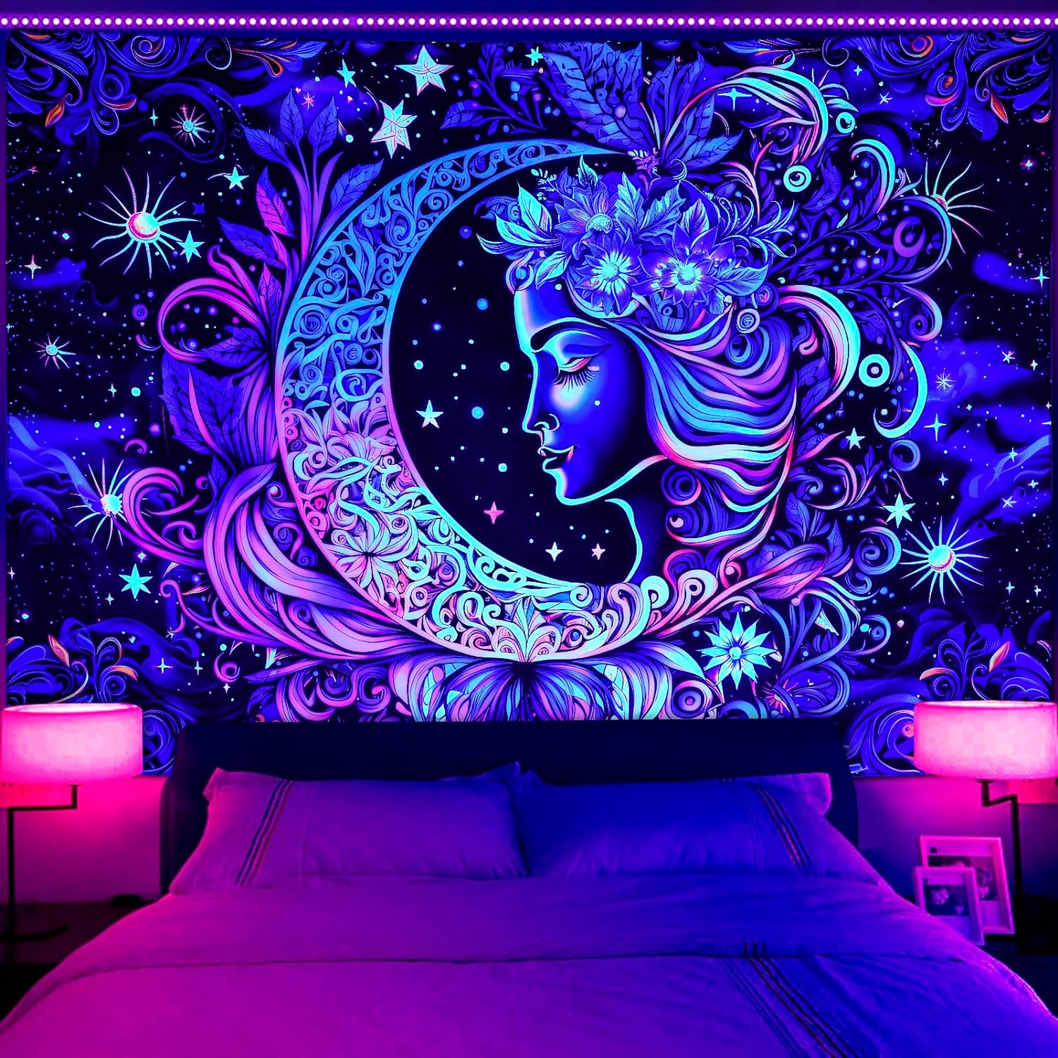 Blacklight Tapestry UV Reactive Moon and Star Mandala Boho Wall Hanging for Bedroom (59.1 X 59.1 Inches)