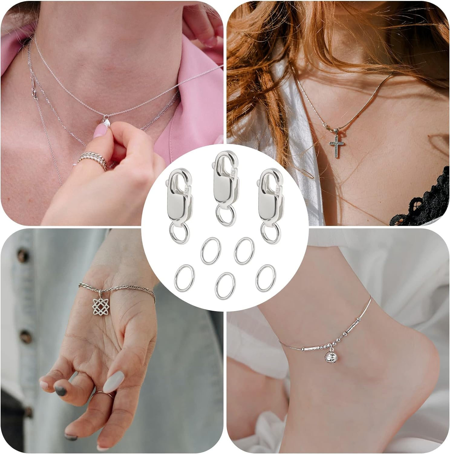 KINBOM 3Pcs Lobster Claw Clasps with Jump Rings, 925 Silver Necklace Bracelet Clasp for Jewelry Making DIY, with Silver Cloth (10X4Mm)