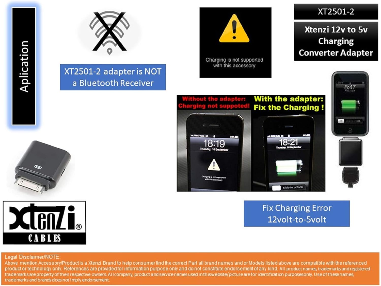 Xtenzi Charging Converter 30 Pin Pass through Adapter XT12V5 Compatible with Ipod Iphone Ipad Car Vehicle