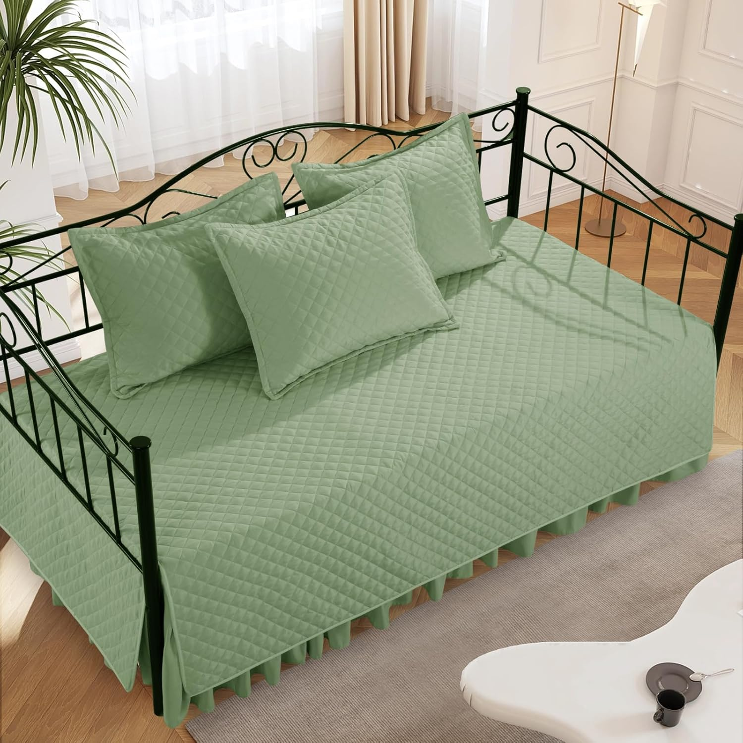 HOMBYS Daybed Cover Sets- Diamond Stitching Daybed Bedding Set, All Season Cozy Bedding with Bedskirt with Shams, Microfiber Filling, 5 Pieces, Sage Green image number 5