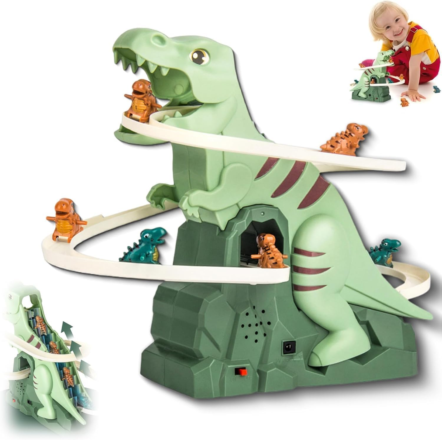 Dinosaur Roller Coaster Toy Electric Puzzle Walk Dino Chase Ramp Connect Racetrack Build Own Slide Indoor Climb Stair Musical Playset Fun Electronic Kid Toddler Child Boy Adventure Interactive Game
