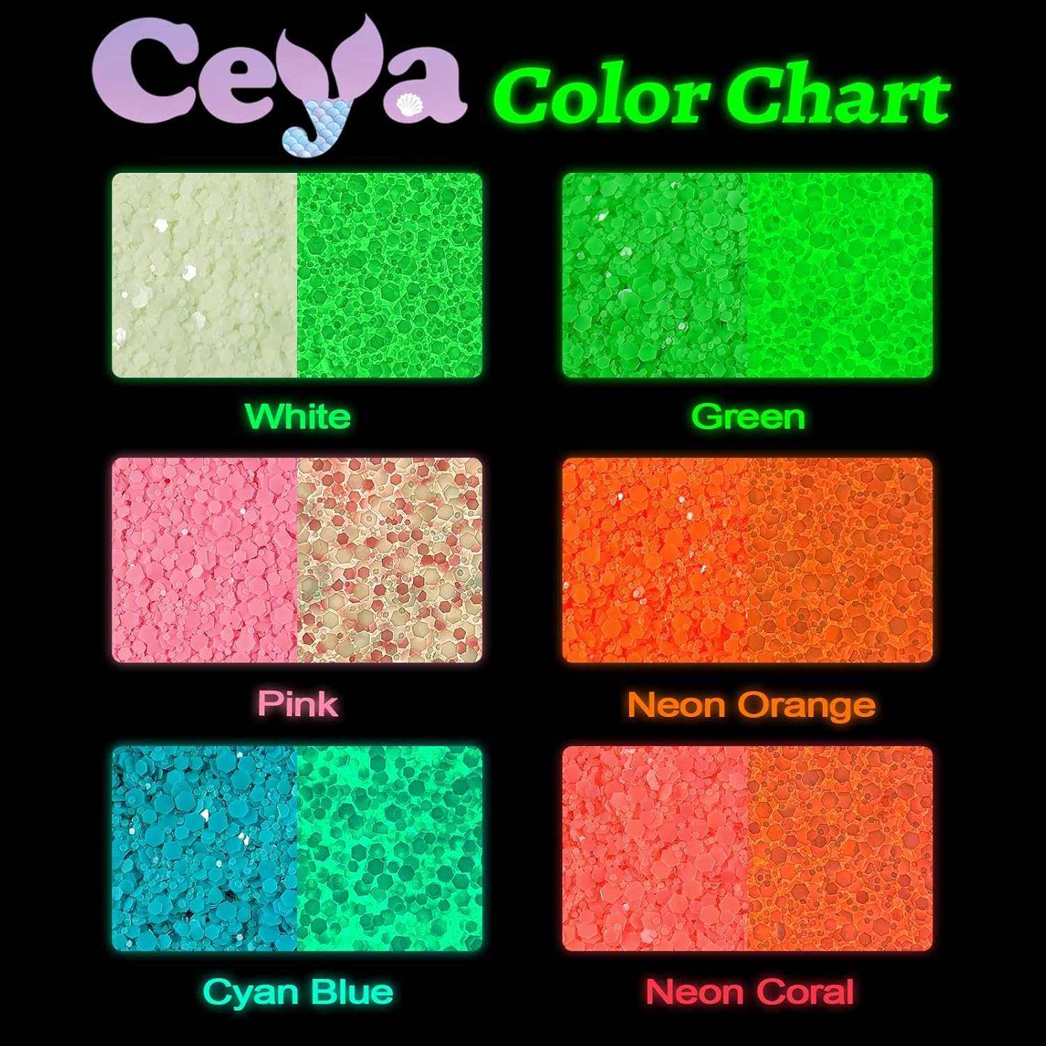 Ceya Glow in the Dark Glitter, 2.8Oz/ 80G White Luminous Chunky Glitter Mix Fine Powder Flakes Fluorescent Nail Sequins for Epoxy Resin, Tumblers, Halloween Party, Festival Decor image number 3