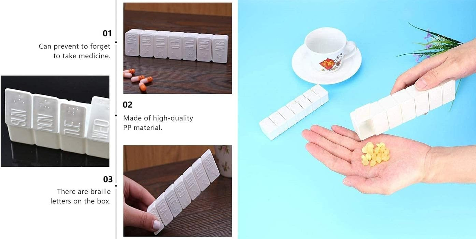 Weekly Pill Organizer, Portable 7 Day Pill Box, Travel Medicine Organiser, Compact Pill Case with Big Letters & Braille Symbol, Daily Pill Dispensers & Reminders for Vitamins, Fish Oils, Supplements (2 PCS Pocket Size, White) image number 1