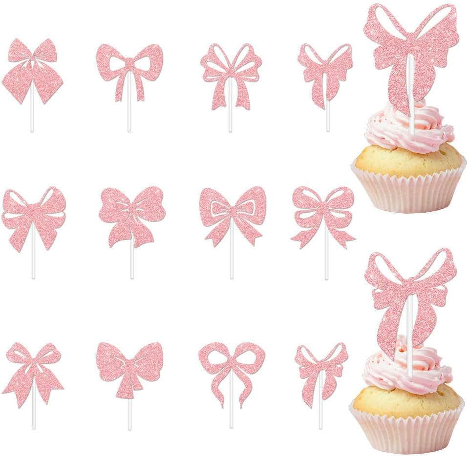 24Pcs Pink Bow Cupcake Toppers Bow Birthday Party Decorations Bowknot Cupcake Picks for Birthday Bridal Shower Wedding Themed Party Cake Decorations image number 2