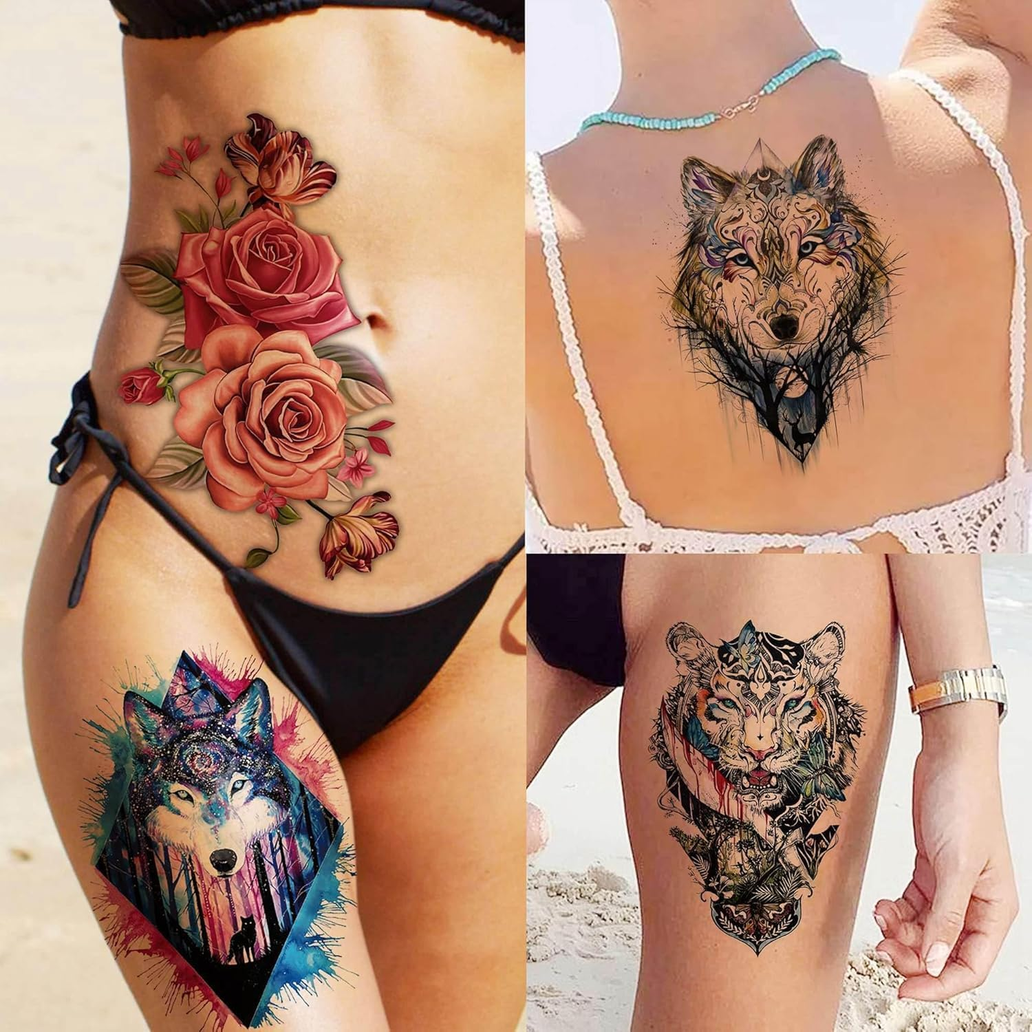 BUYUP Temporary Tattoos Adult,56 Sheets Watercolor Owl Tiger Lion Temporary Tattoos for Women Men Body Art Arm Thigh, 3D Long Lasting Realistic Fake Tattoo Sleeve Stickers, Temp Tatoos Kids