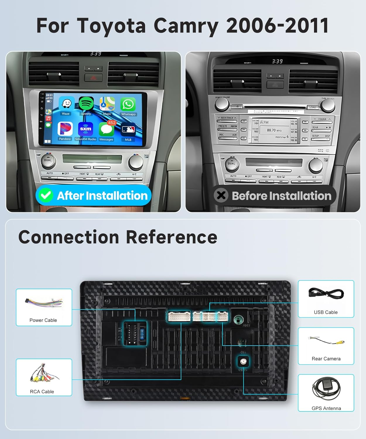 2G 64G Rimoody Car Radio for Toyota Camry 2006-2011, Android Car Stereo with Carplay Android Auto Mirror Link GPS Navigation Wifi 9 Inch Touchscreen Bluetooth FM/RDS Backup Camera