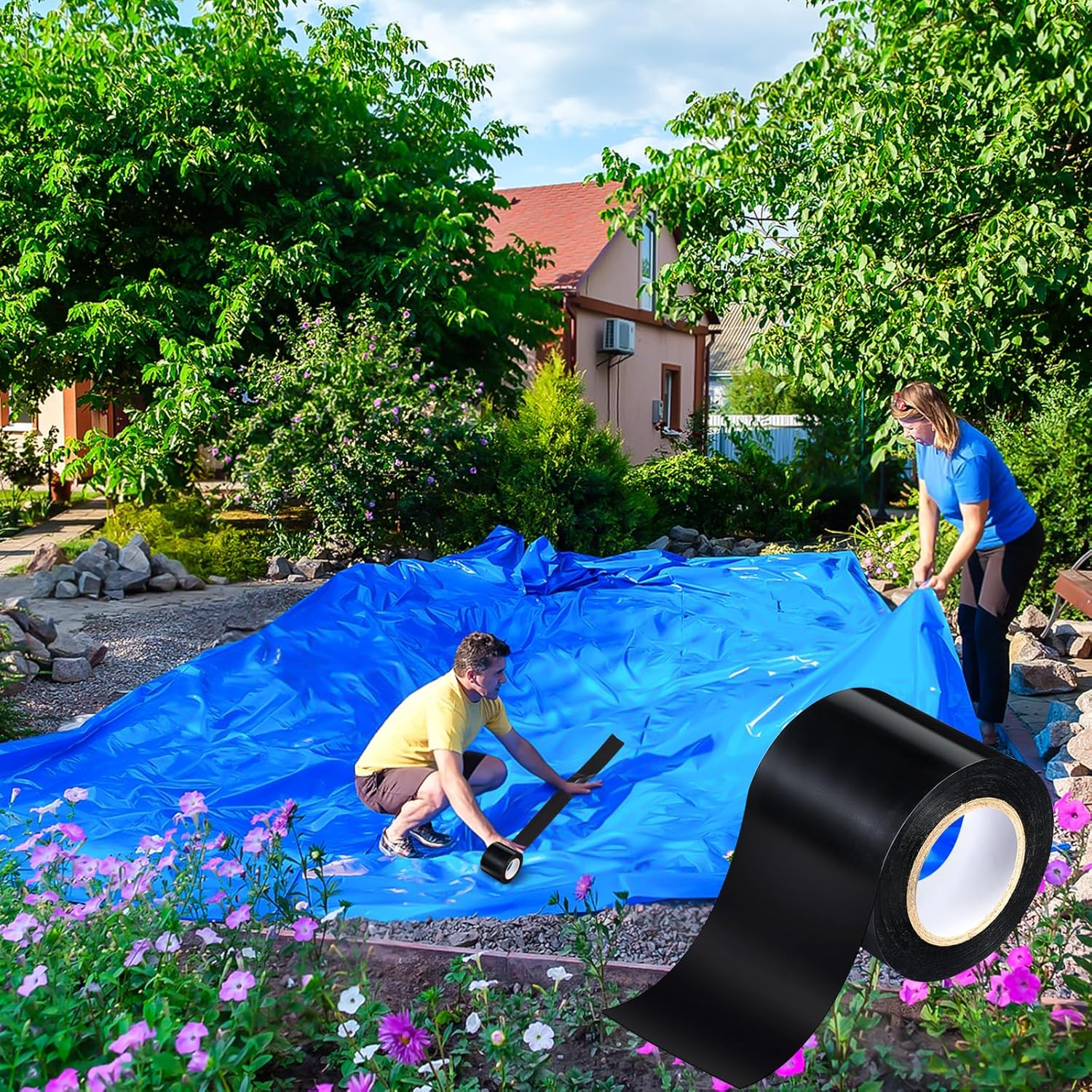 2PCS Pond Liner Seam Tape,3.9" X 16.4'Self Adhesive Double Sided Pond Seam Tape for EPDM Pond Liners,Waterproof Pond Liners Repair Patch for EPDM Pond Liner Garden Cover Repair (3.9" X 16.4' /2Pcs) image number 3