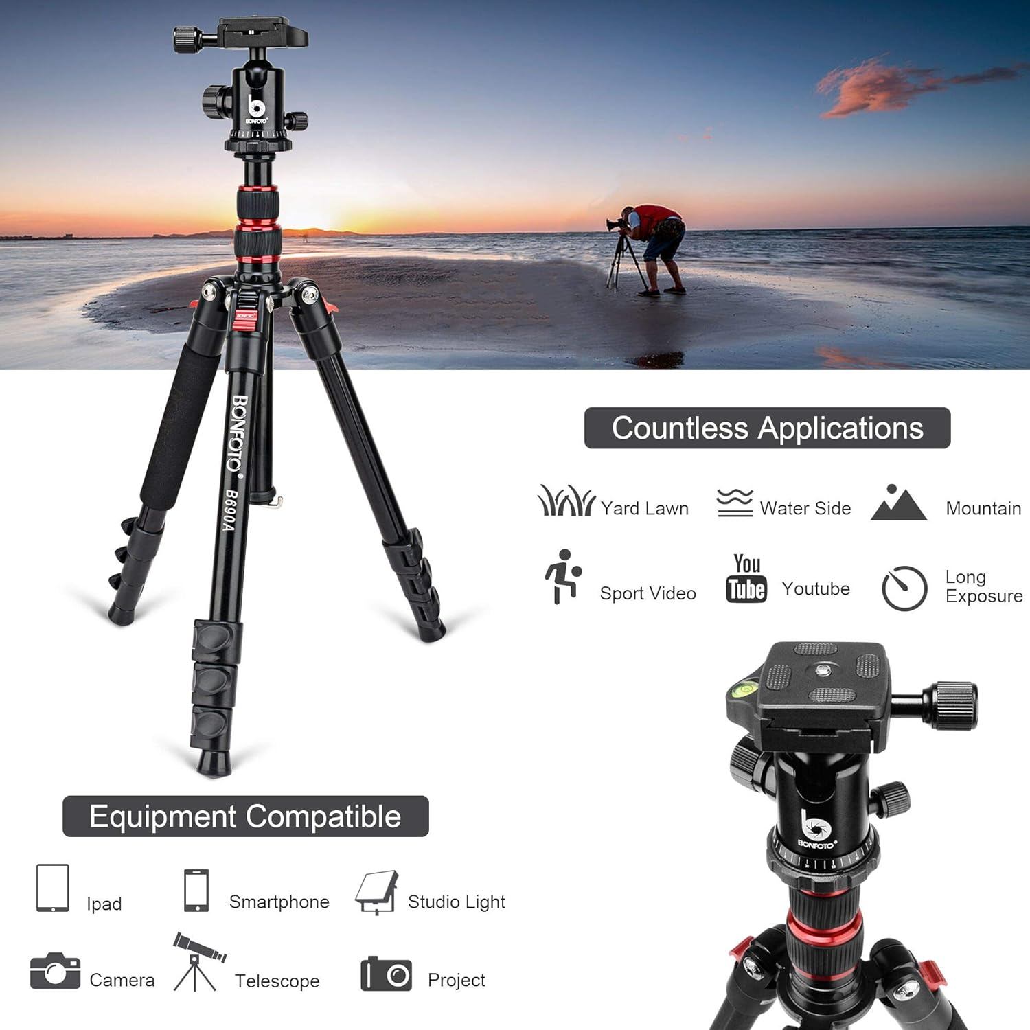 BONFOTO B690A Camera Tripod for Travel,Lightweight Aluminum Portable DSLR Tripod with 360 Degree Ball Head and Carry Bag, Camera Stand for Ring Light & Canon Nikon Sony DSLR image number 6