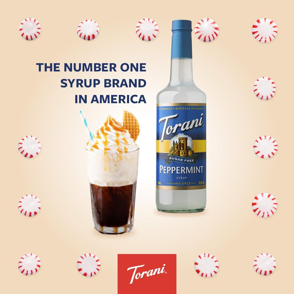 Torani Peppermint Syrup - Sugar Free Coffee Syrups (750Ml Bottle) - Classic Flavour for Lattes, Iced Coffees & Tea Beverages - Zero Calorie, No Carb Vegan Flavouring for Drinks