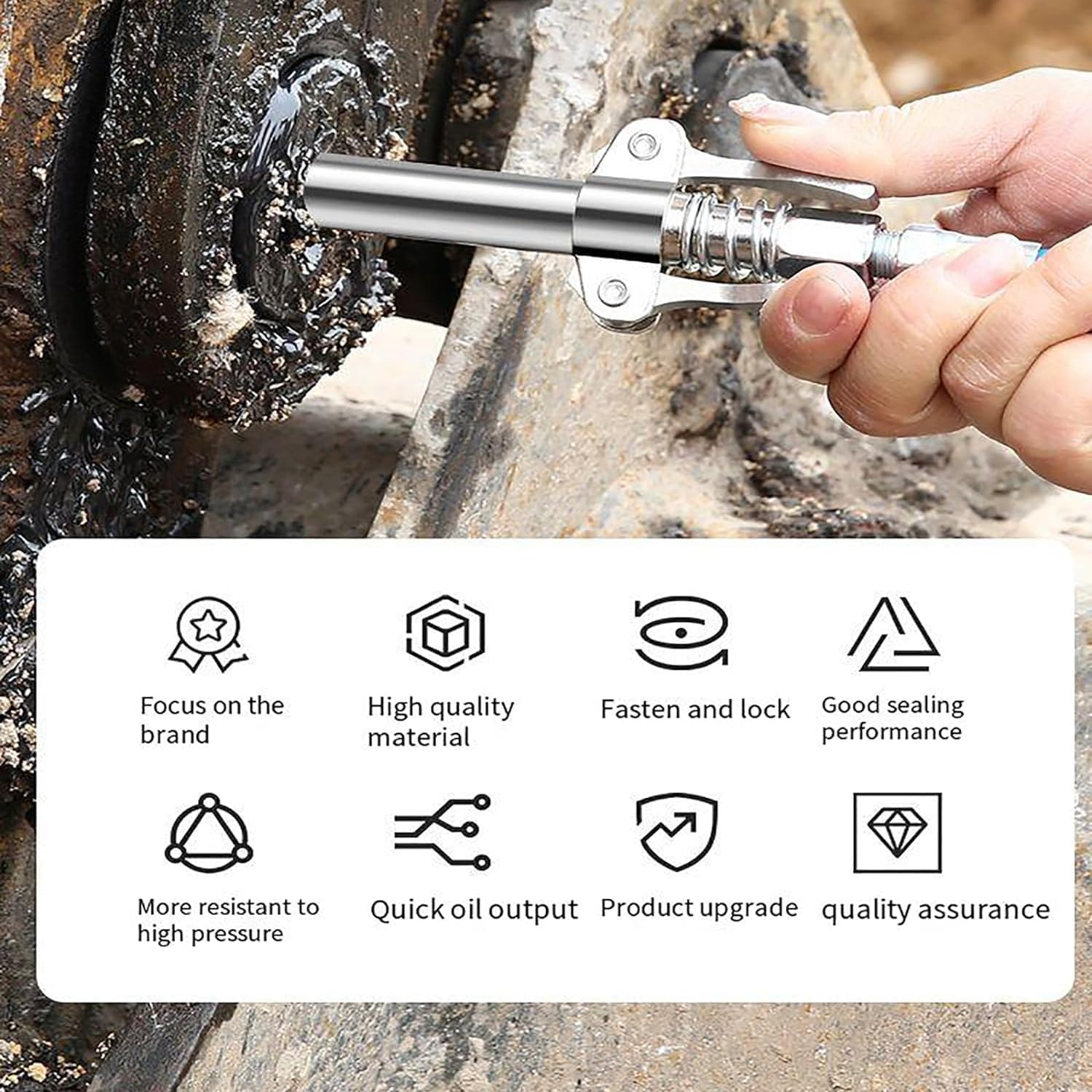 YUENTOEN Grease Gun Coupler with 15.7In Spring Flex Hose, Double Handle Extended Version Heavy Duty Grease Fitting 1/8" NPT 17,000 PSI image number 3