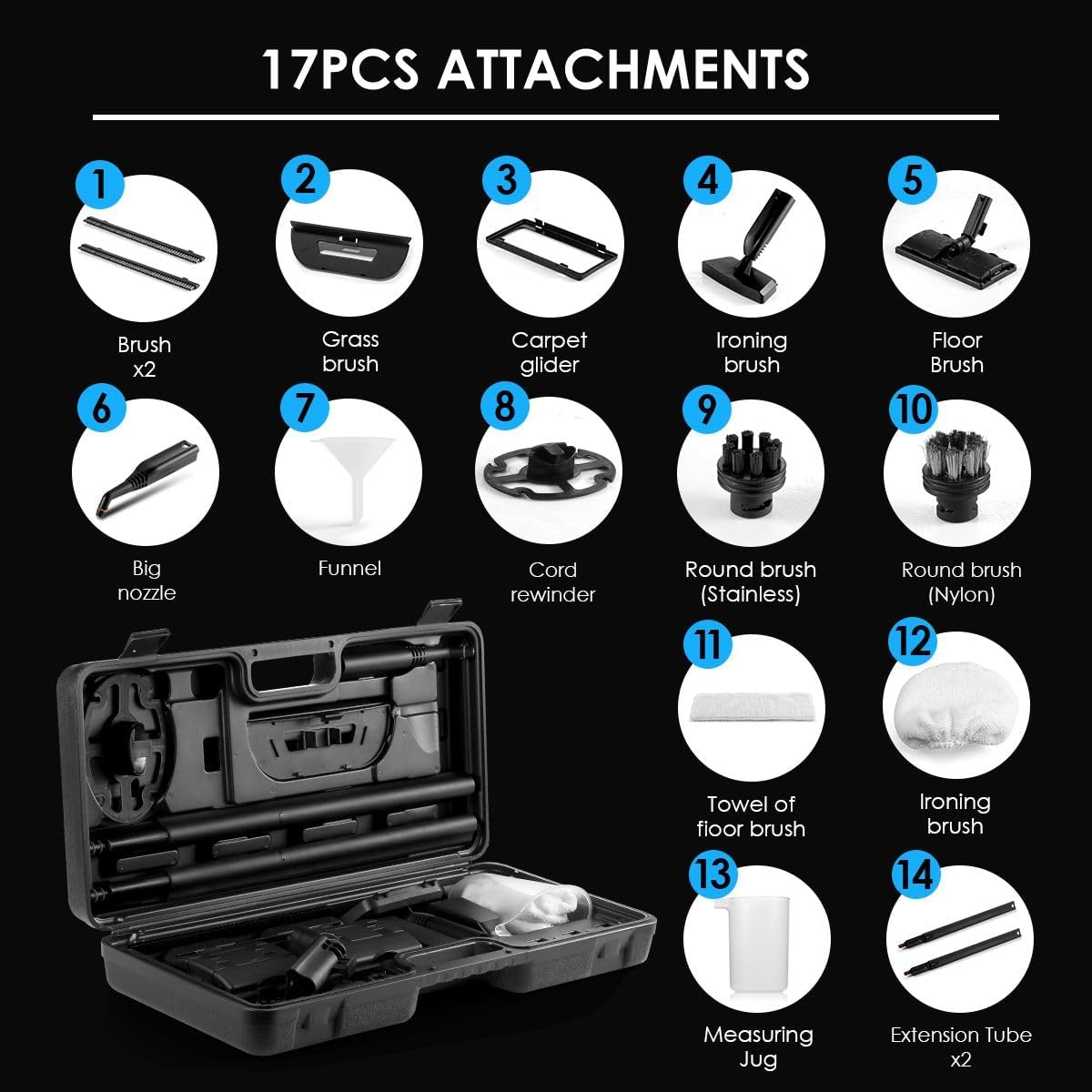 Maxkon 2000W Multipurpose Steam Cleaner with 14 Accessories, Household Steamer Mop With1.5L Tank for Chemical-Free Cleaning, Rolling Cleaning Machine for Clothes, Carpet, Floors, Windows and Cars image number 6
