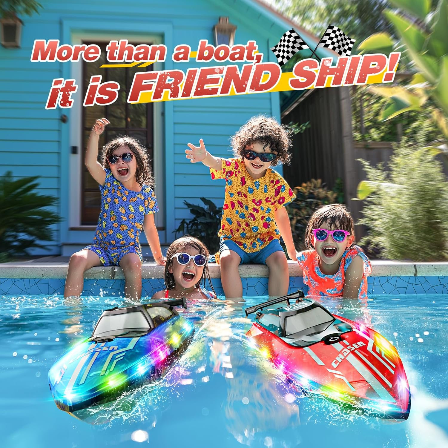 RC Boat with Dazzling LED Lights & US Flag,2.4Ghz Remote Control Racing Boats for Kids 8-12,Toy Water Boat for Pools and Lakes with Waterproof for Boys Girls RED image number 4