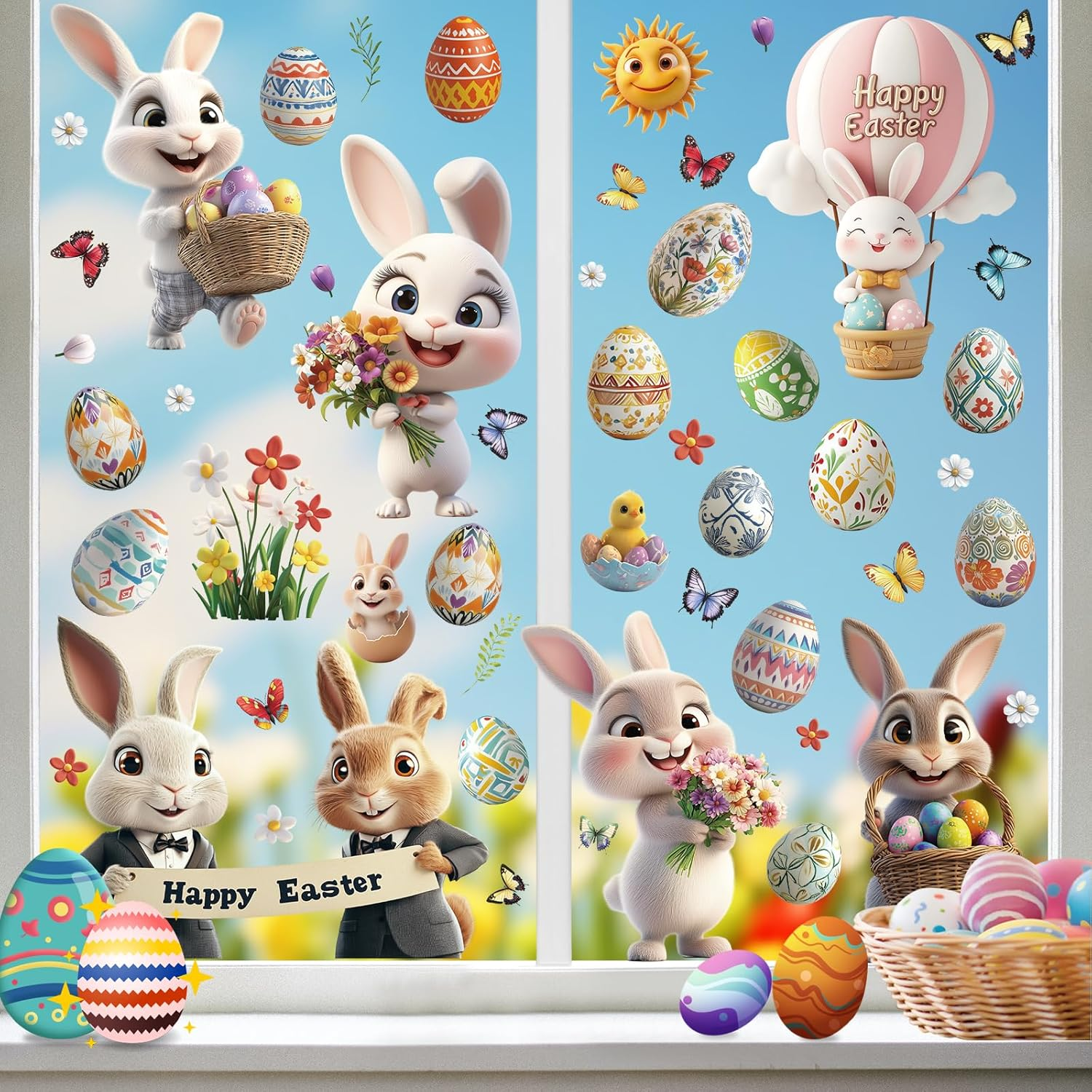 KIKISML Easter Window Clings Stickers 106Pcs, Various Cute Bunny Colorful Easter Eggs Flower Butterfly Window Stickers Decor, 9 Sheets Static Sticker for School Home Office Party Accessory Supplies image number 1