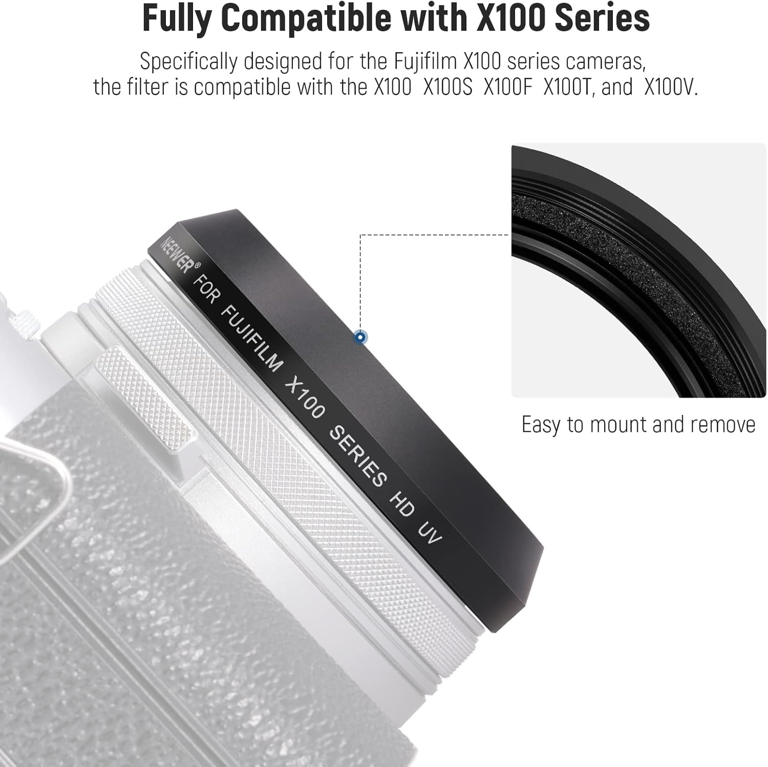 NEEWER UV Protection Filter for X100 Series Cameras, Multi Coated HD Optical Glass Build Lens Filter Accessory Compatible with Fujifilm X100 X100S X100F X100T X100V X100VI Camera (Black Frame) image number 5