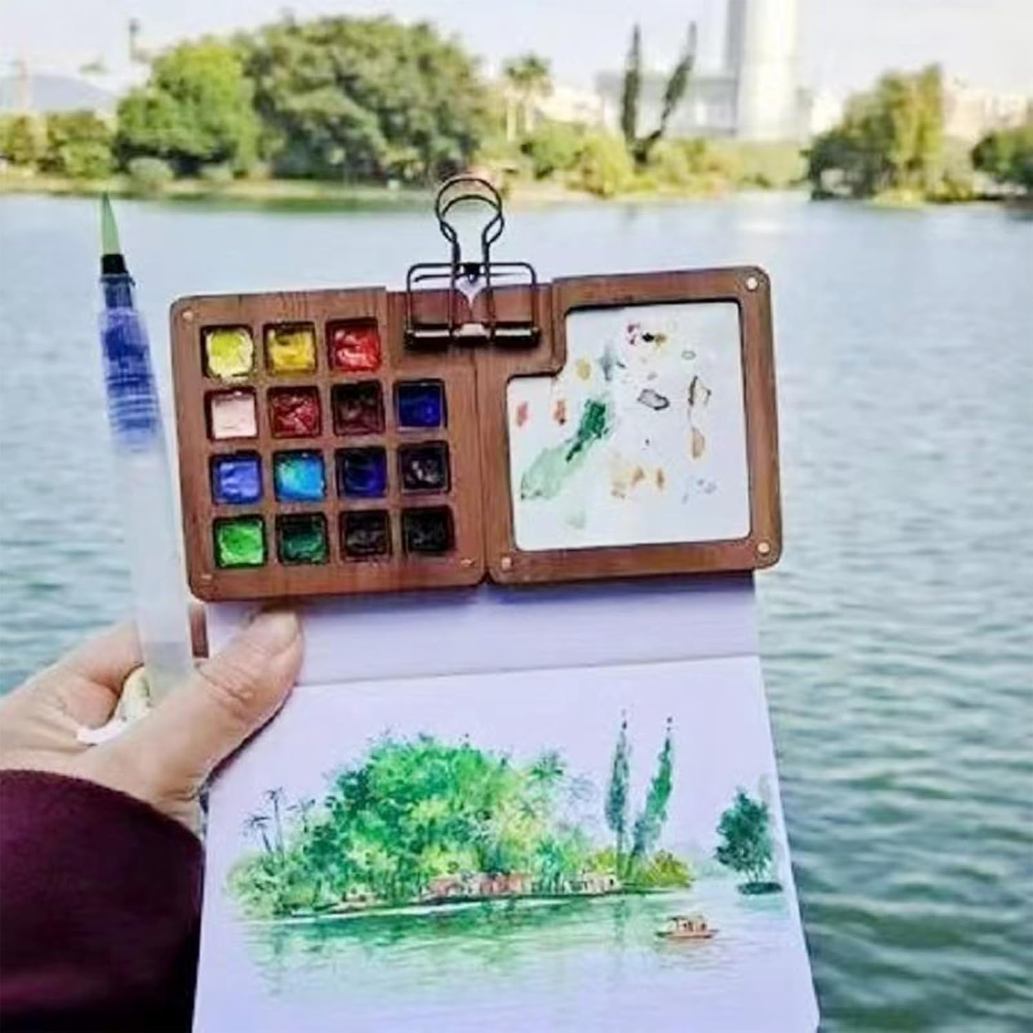 Miniature Watercolor Painting Palette Kit,Wooden 15 Grid Pocket Artist Palette Travel Set Portable Watercolor Palette Box，For Art Lover Beginner