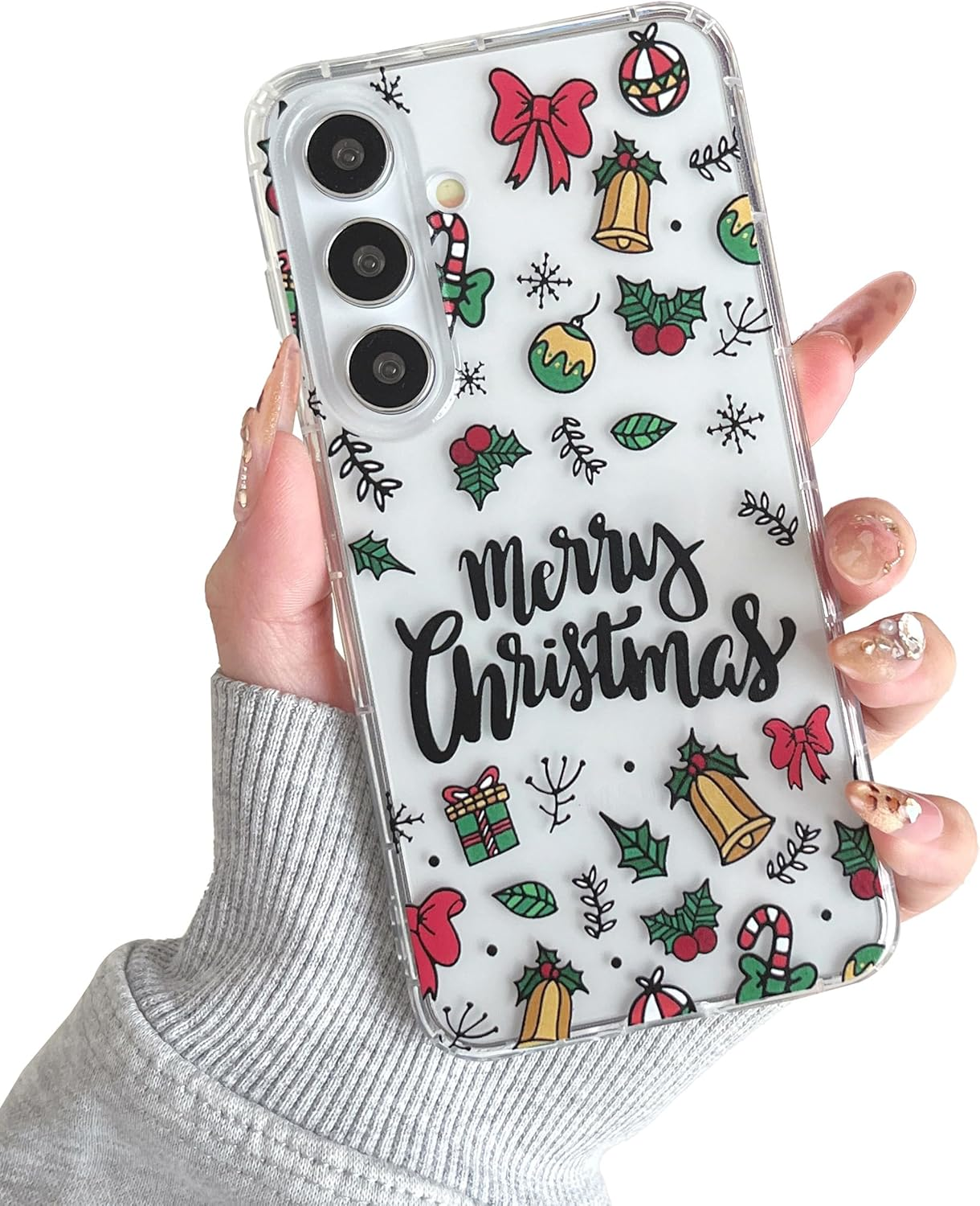 XIZYO Christmas Phone Case for Samsung Galaxy S24 Plus,Clear Cute Merry Christmas Xmas Bells Pattern Aesthetic Women Girls Kids Santa Winter Slim TPU Shockproof Protective Case,Clear image number 6
