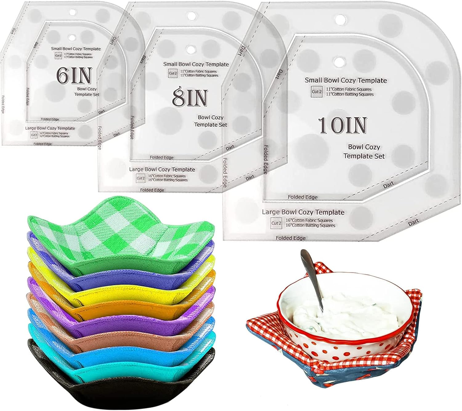 Bowl Cozy Template Cutting Ruler Set, 3Pcs Acrylic Transparent Quilting Bowl Templates for Hot and Cold Food Bowl Rack, DIY Kitchen Art Craft Acrylic Stencil Cut on Fold Template Sewing (White) image number 4