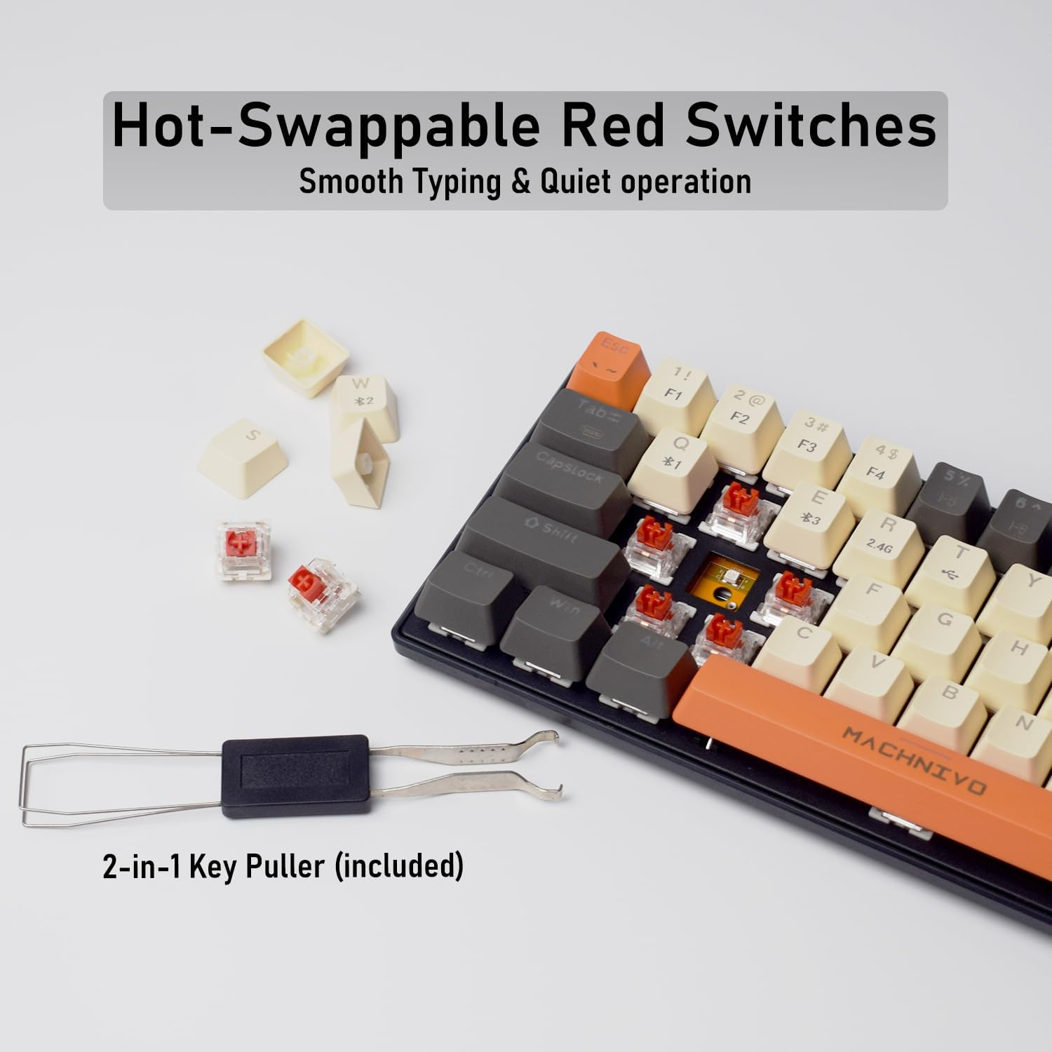 60% Wireless Mechanical Keyboard, MACHNIVO K11 68 Keys Gaming Keyboard Hot Swappable, 2.4Ghz/Bluetooth/Usb-C to a Cable, RGB Creamy Keyboard Compatible with Windows/Mac (Red Switch, Black & Orange) image number 4