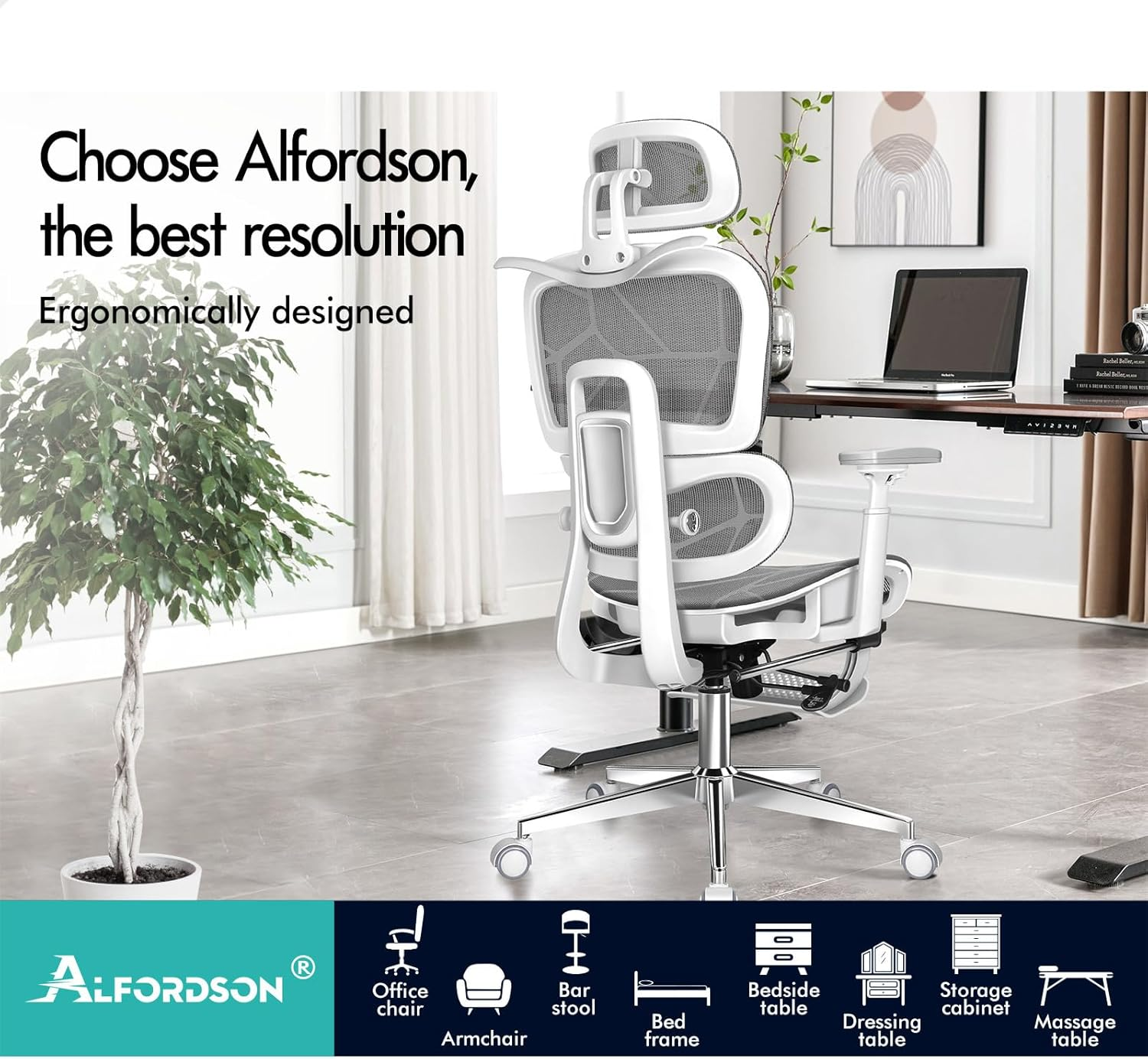 ALFORDSON Patton White Grey Mesh Gaming Chair for Executive Computer Desk, Recline Tilt Adaptive Back Support, Ergonomic Office Chair with 3D Adjustable Armrest and Headrest & Footrest, Max 180Kg image number 5