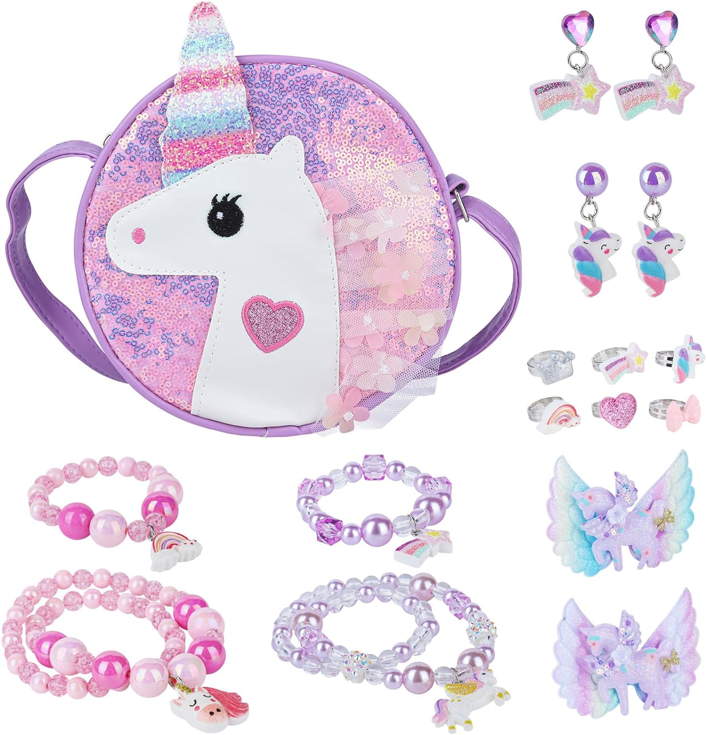 Niceup Unicorn Jewelry Gift Set for Little Girls, Princess Dress-Up Play Jewelry Toys with Purple Unicorn Purse Necklaces Bracelets Earrings Rings Hair Clips, Christmas Birthday Gift for Girls Age 4-7 image number 6
