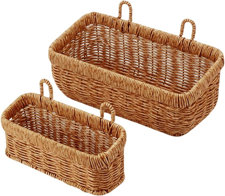 2 Pack Wall Hanging Basket, Imitation Rattan Woven Storage Rack,Storage for Fruits, Snacks, Sundries, Seasonings, Flowers,For Indoor Outdoor Wall, Home Room, Garden, Wedding Decoration image number 2