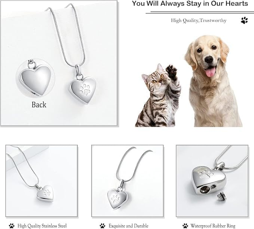 Heart-Shaped Pet Cremation Jewelry Pendant for Ashes - Paw Print Urn Necklace Memorial Keepsake for Dogs & Cats (Silver, One Size) image number 5