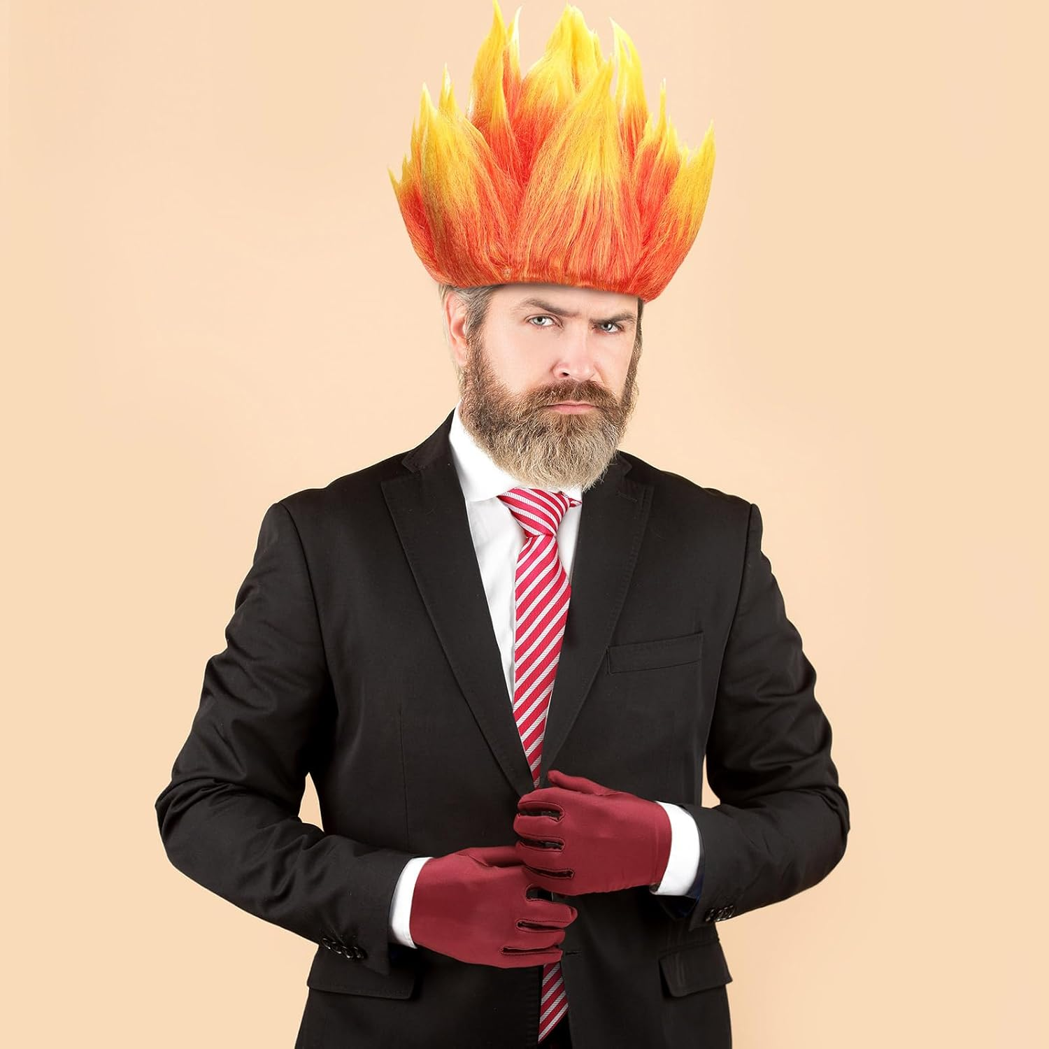 Toulite 3 Pcs Halloween Anger Dress up Set Included 2 Toned Flame Wig Red Textured Tie Red Gloves Halloween Cosplay Costume for Men Adult Party Supplies image number 4