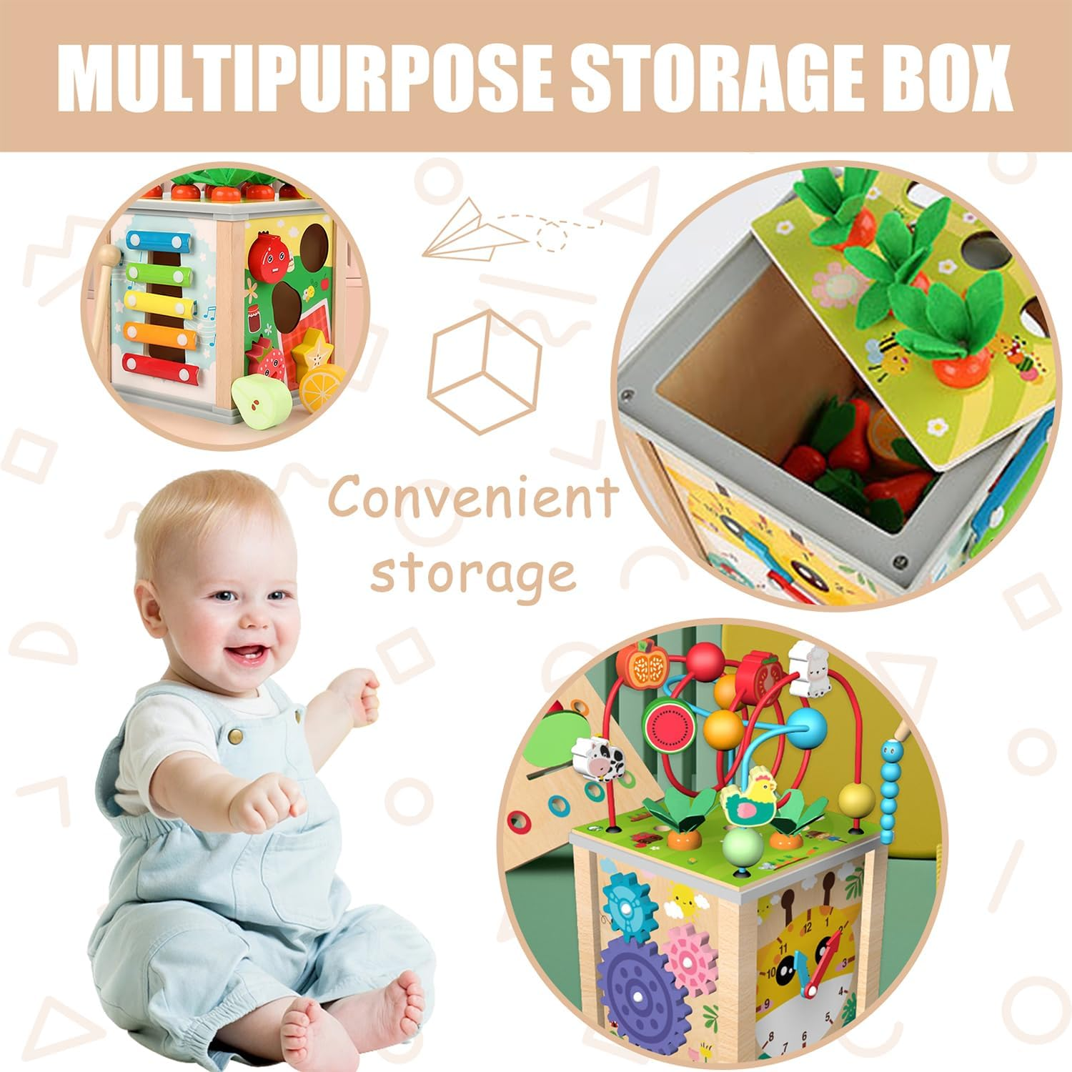 Uandhome 10 in 1 Wooden Activity Cube for Toddlers 1-3,10-In-1 Montessori Toys Gift Set for Boys & Girls, Educational Learning Toys for 2 Year Olds, One Year Old Baby Birthday Gifts image number 5