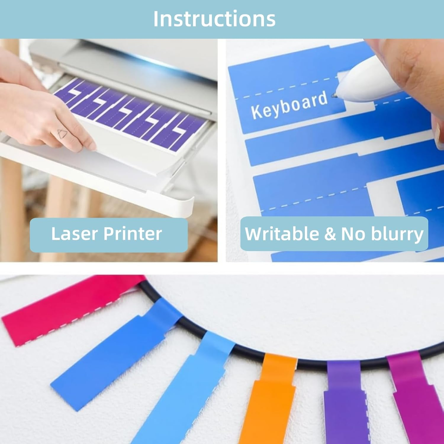 Suytvenxau 300 Labels 10 Sheet Colorful Waterproof Cord Labels Tags Write on Stickers Tear Resistant Flexible Cable Labels for Wire Management Label Stickers for Printer image number 3