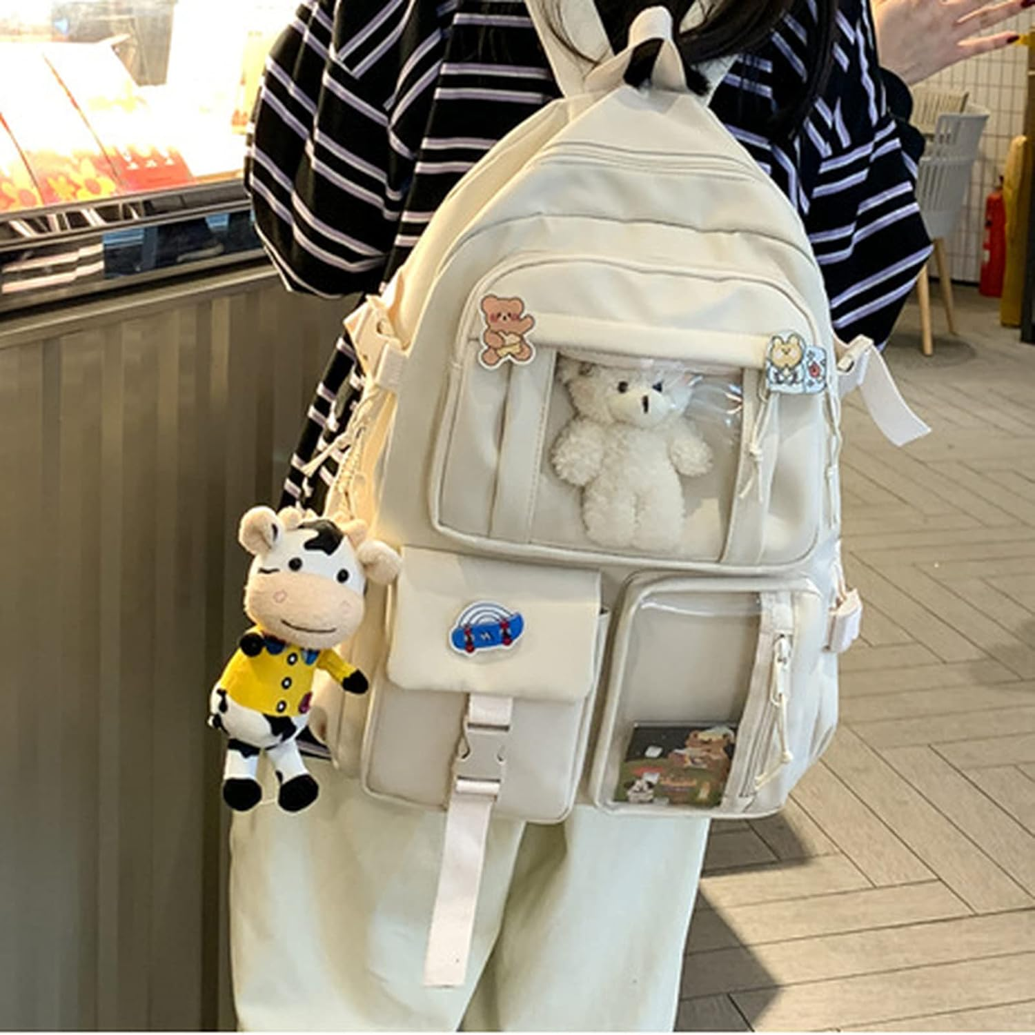 Kawaii Backpack Cute Aesthetic Anime with Pins Cow Bear Pendant School Supplies Bag Animal Cartoon Preppy Japanese image number 3