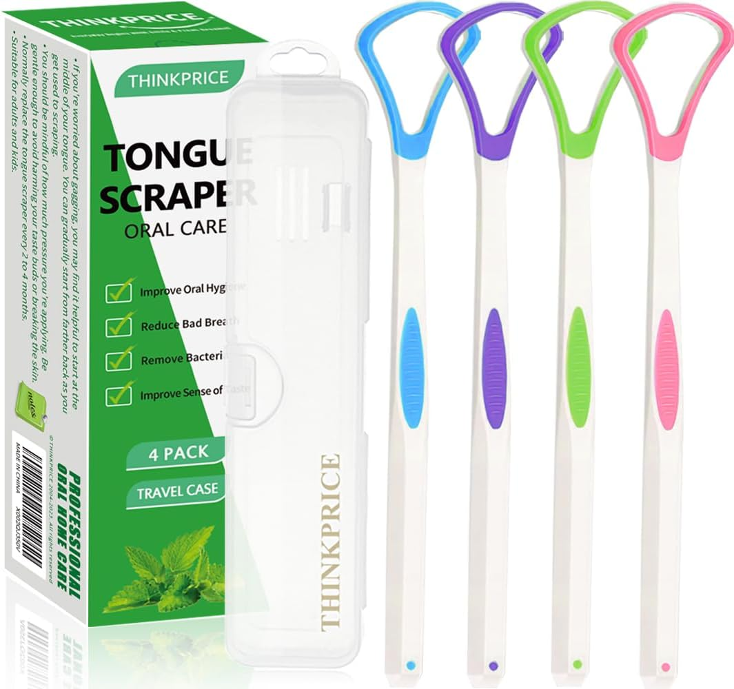 Tongue Scraper Cleaner 4 Pack Tongue Bacteria Inhibiting Scrapers with Travel Handy Case for Healthy Oral Care, Easy to Use Antimicrobial Sweeper, Help Fight Bad Breath (4Pack)