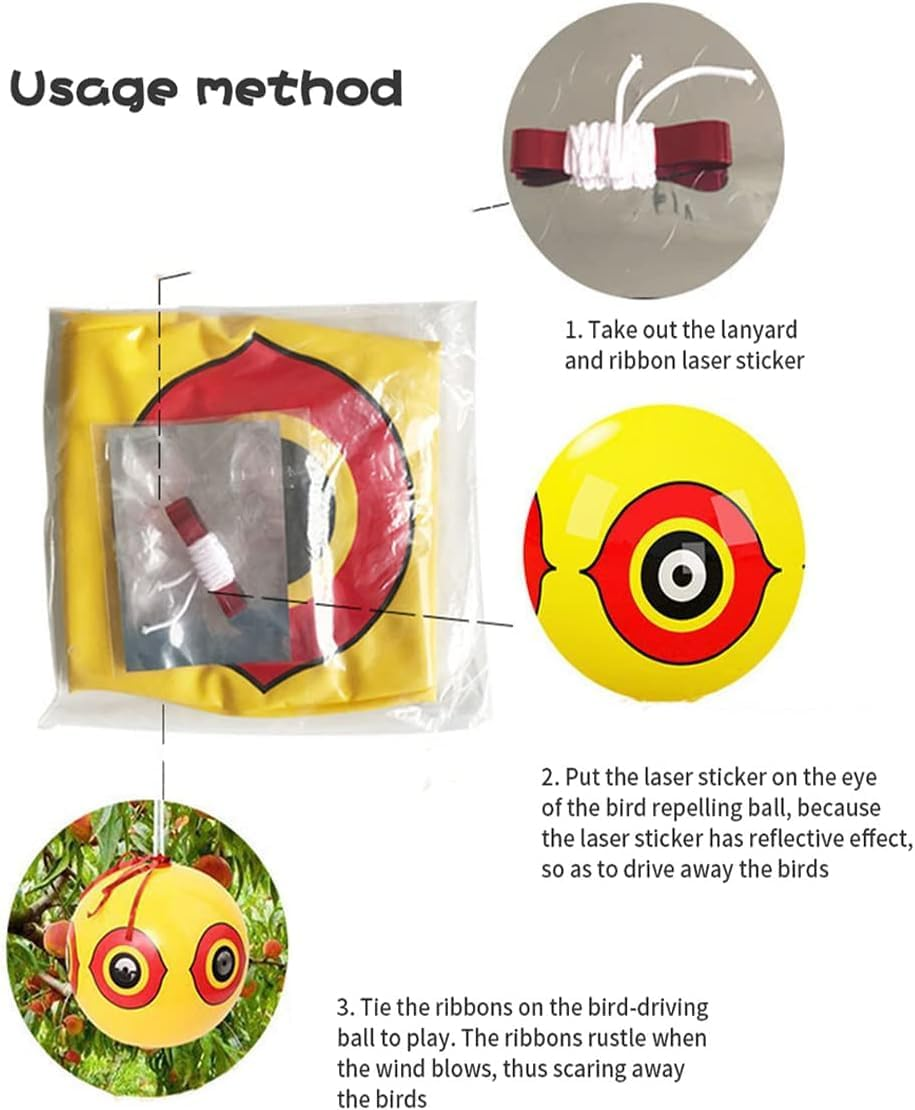 3 Pack Bird Deterrent Eye Balloons, Reflective Bird Scarers with Eye Stickers, Hanging Bird Repellent Ball, Inflatable Balloons Pigeon Deterrent for Gardens(3 Yellow) image number 1