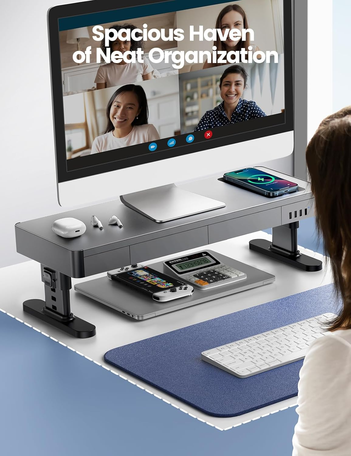 Meatanty Monitor Stand Heights Adjustable, Computer Riser with Auto Phone Charger, 4 USB Ports Hub and Drawer Storage, Metal Desktop Organizer Lifter Shelf for PC Screen Studio Display Office Gaming image number 5