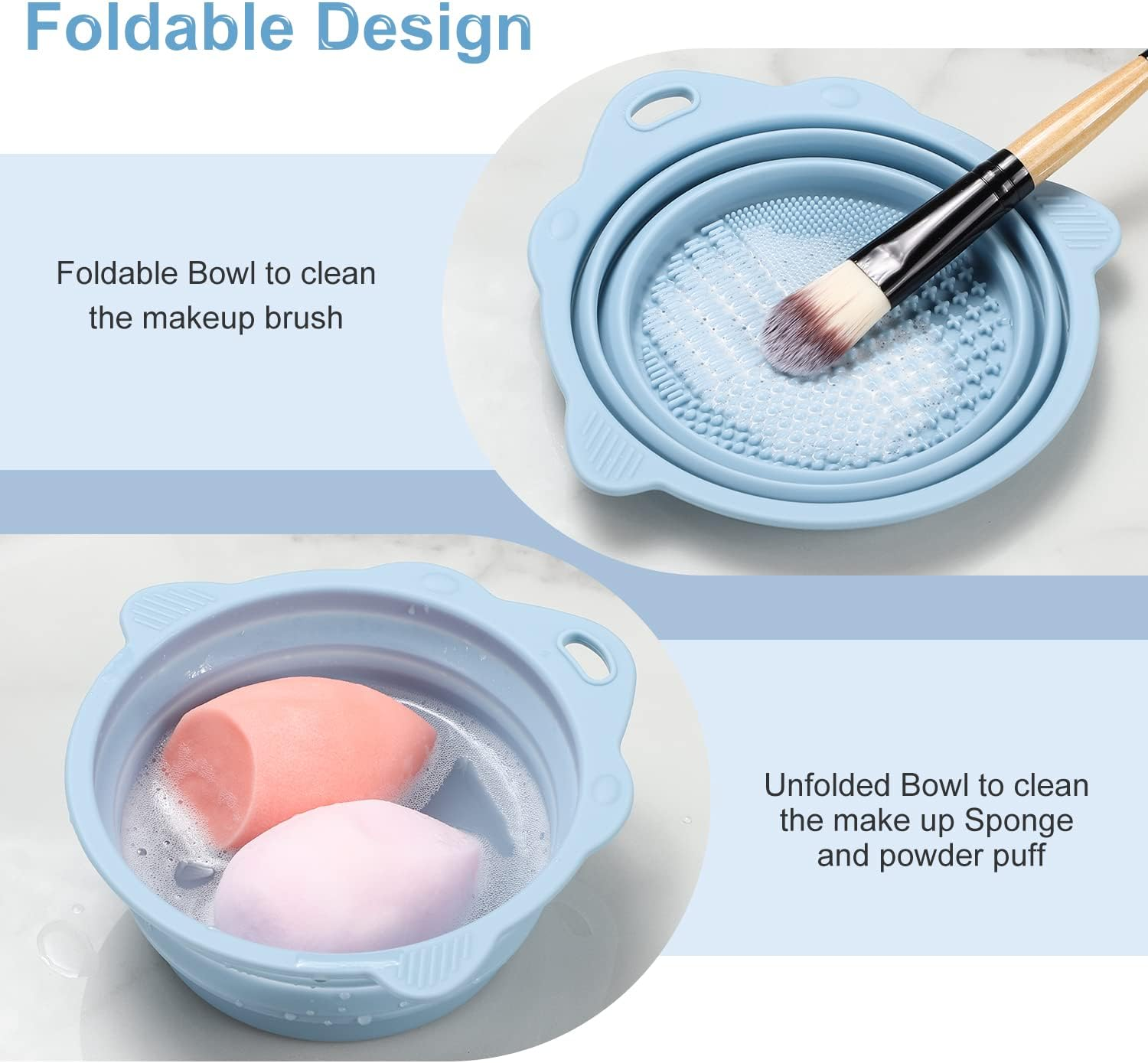 Foldable Silicone Makeup Brush Cleaner Bowl - Etercycle Portable Cleaning Tool for Brushes, Powder Puffs, and Sponges (Blue) - Blue image number 4
