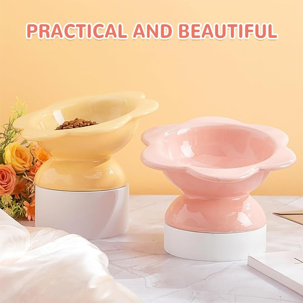 2 Piece Ceramic Cat Bowl, Flower Shaped Cat Food Bowl, Raised Slanted, Protect Spine, Suitable for Cats, Puppies, Rabbits, Small Animals (Pink, Yellow) image number 3