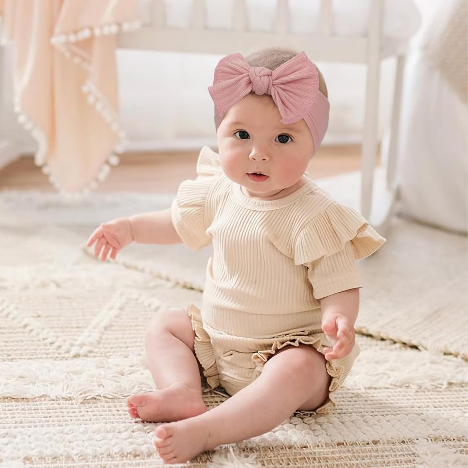 Pack of 3 Baby Girls' Headbands, Elastic Baby Headband, Nylon Soft Hairband, Girls Headband for Newborns, Toddlers (Pink and White and Beige) image number 2