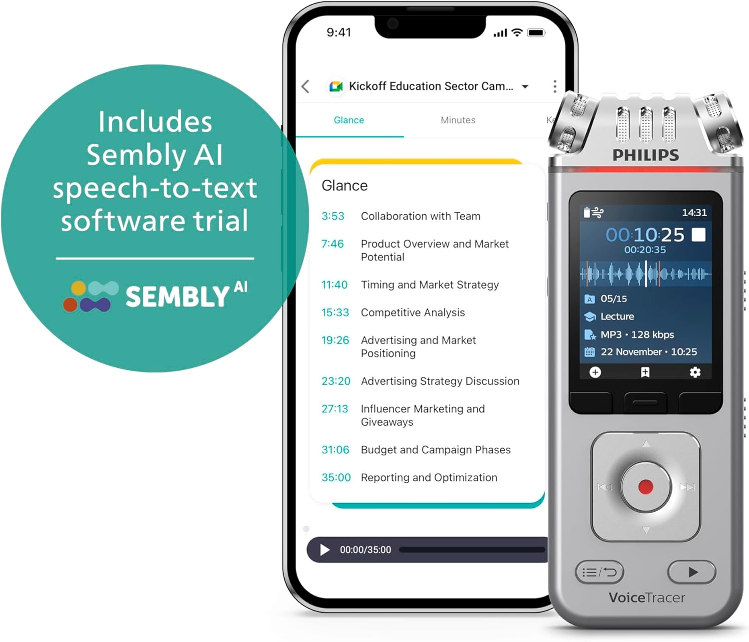 Philips DVT4115 Voice Recorder, MP3, Hifi Microphones with Sembly AI for Voice Recognition for Multiple Speakers, Creating Summaries, Meeting Logs and To-Do Lists image number 3
