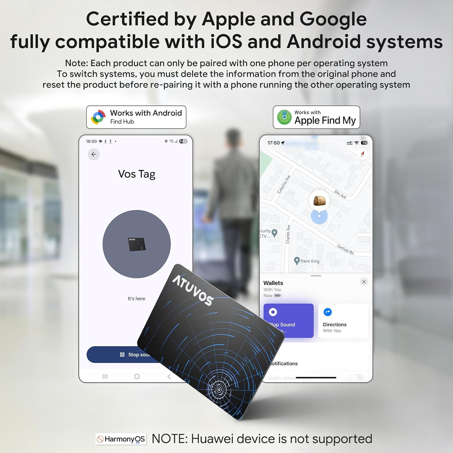 ATUVOS Dual System Ari Tag Card Tracker,Thin 0.16Cm,(Wireless Charging) ，Bluetooth Item Finder Compatible with Android Google Find Hub or Ios Apple Find My App, Locator Suitable for Suitcases,Wallet