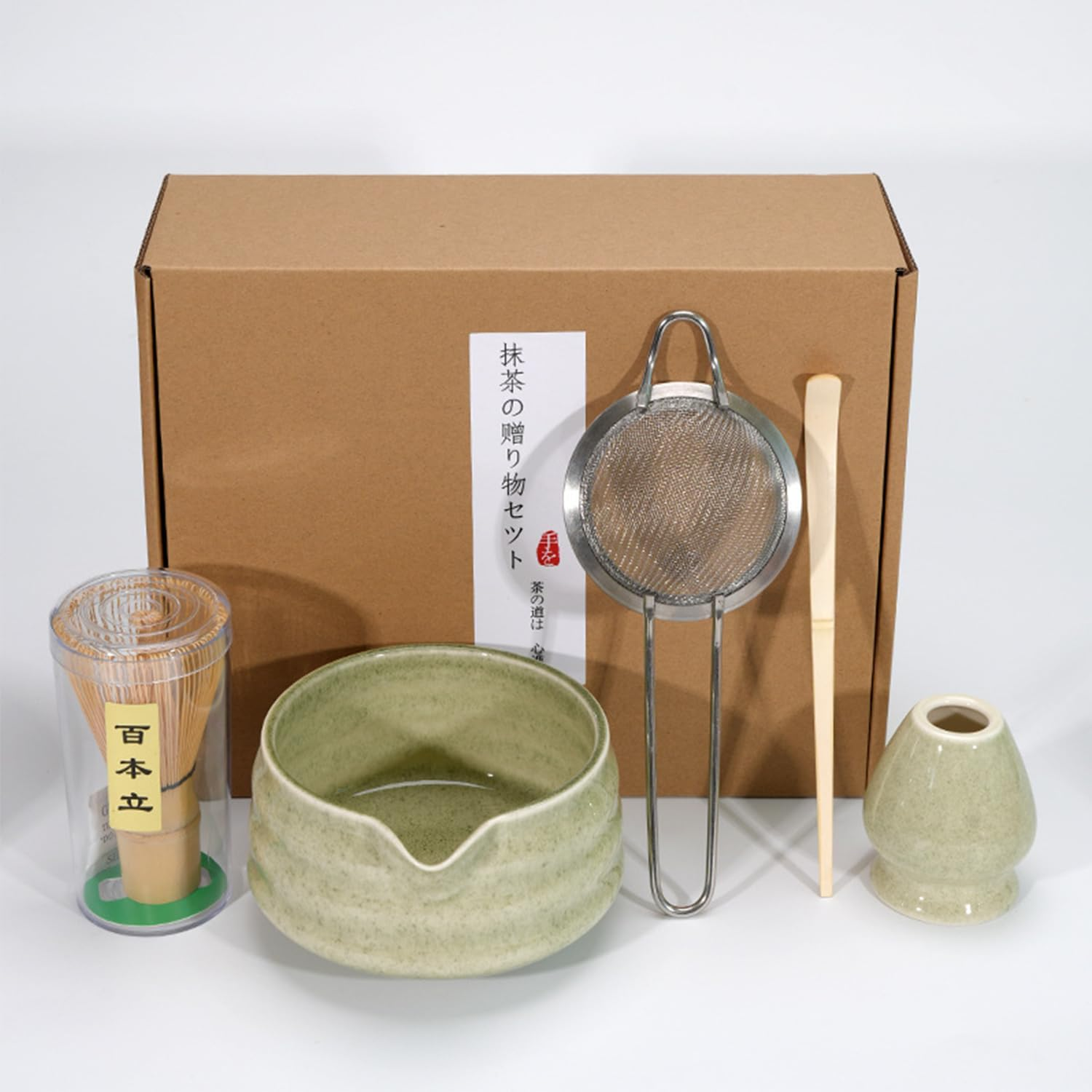 Matcha Set, Japanese Tea Set Includes Matcha Bowl with Spout, Matcha Whisk Holder, Bamboo Matcha Whisk and Sifter Scoop, 17 Oz Mottled Tea Green Glaze Ceramic Matcha Kit for Tea Lovers