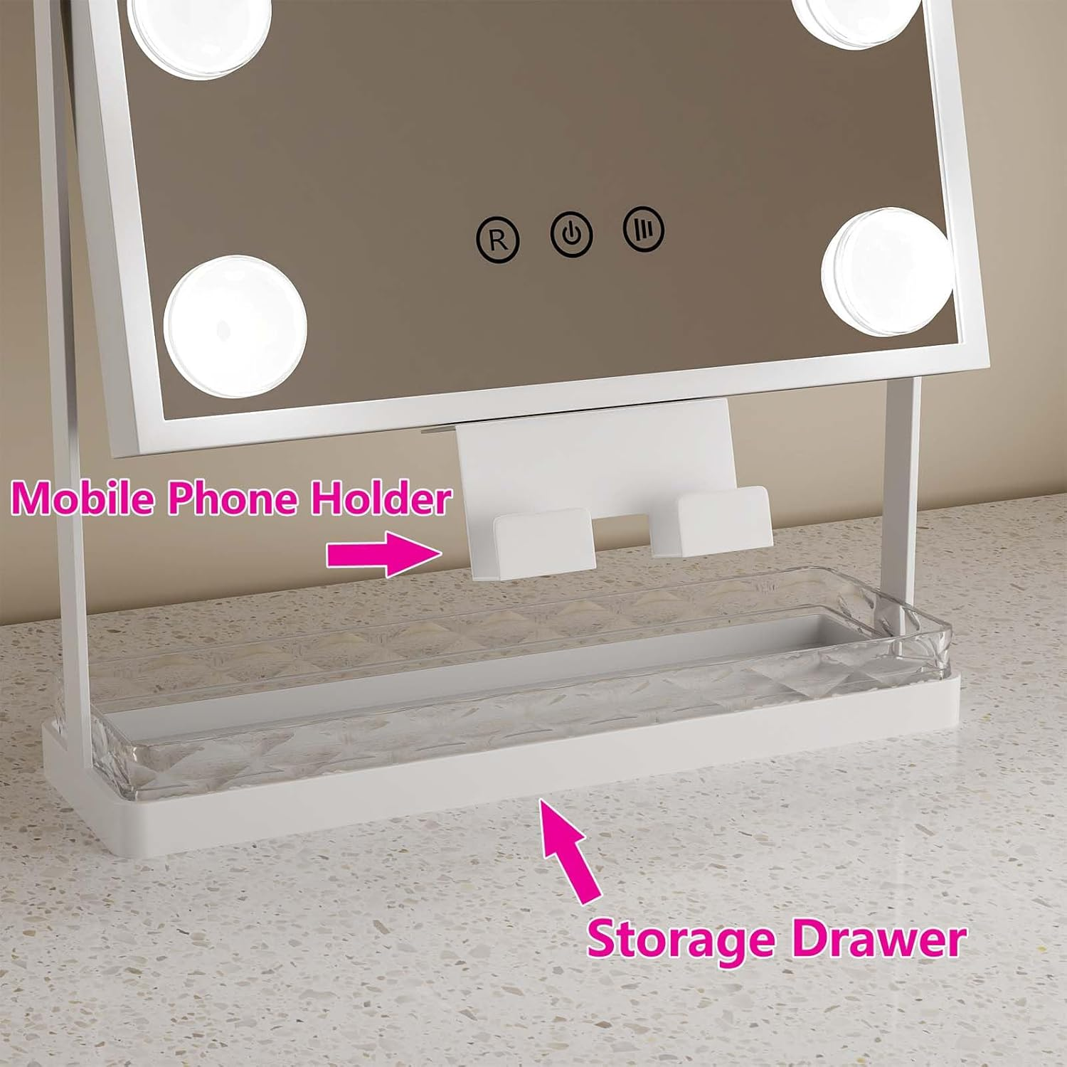 Hollywood Mirror Square Vanity Makeup Mirror Adjustable LED Lights with Storage Drawer Mobile Phone Holder 10X Magnifying Mirror image number 1