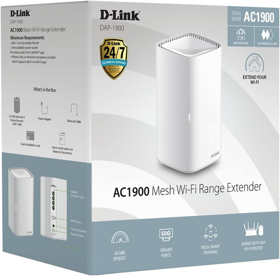 D-Link AC1900 Desktop Wi-Fi Range Extender - Dual-Band, Wi-Fi Internet Booster, WPA3 Security, 4 Gigabit Ports, Compatible with All Existing Routers image number 2