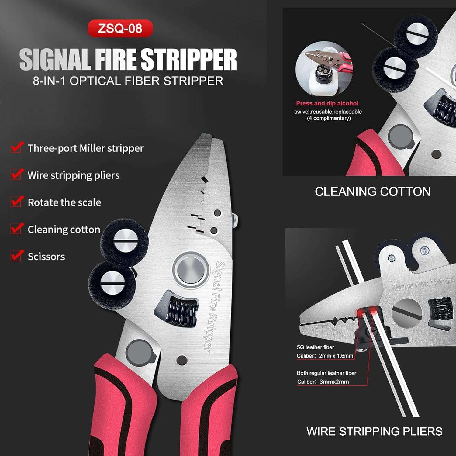 Fiber Optic Stripper, 8 in 1 Fiber Optic Stripper Tool, Wire Cutters Pliers Electrician Tools for Wire Stripping Cutting & Cleaning, Fiber Cable Stripping Tool for Working Technicians, Electricians image number 5