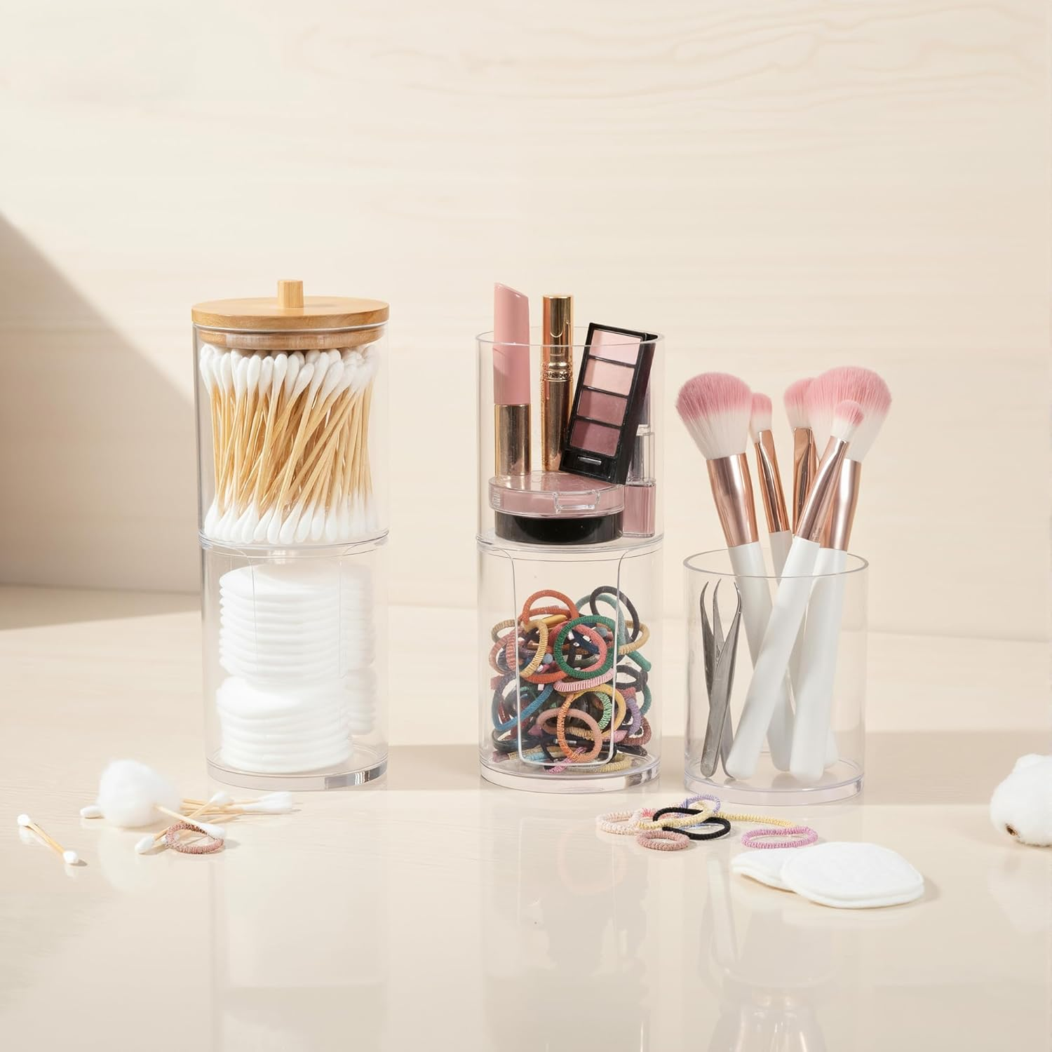 2-Pack Acrylic Organizer with Bamboo Lids - Stackable Bathroom Counter Holder & Dispenser for Cotton Balls, Swabs, Pads, Floss, Bath Salts image number 6
