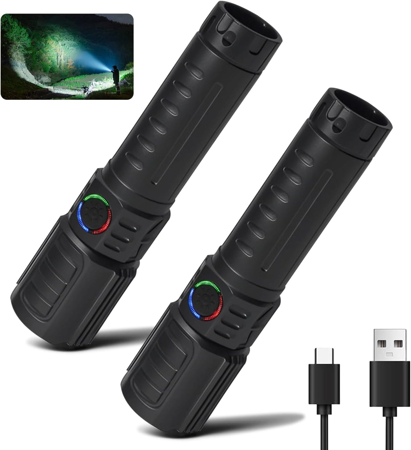 Tactical Flashlights Torch High Lumens Rechargeable, 3 Modes Led Waterproof Zoomable Linternas Handheld Small Flashlight, Adjustable Brightness Flash Light for Hurricane/Home/Emergency (2 Pack) image number 5