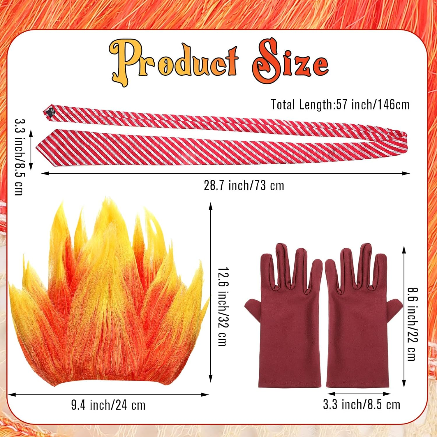 Toulite 3 Pcs Halloween Anger Dress up Set Included 2 Toned Flame Wig Red Textured Tie Red Gloves Halloween Cosplay Costume for Men Adult Party Supplies image number 2