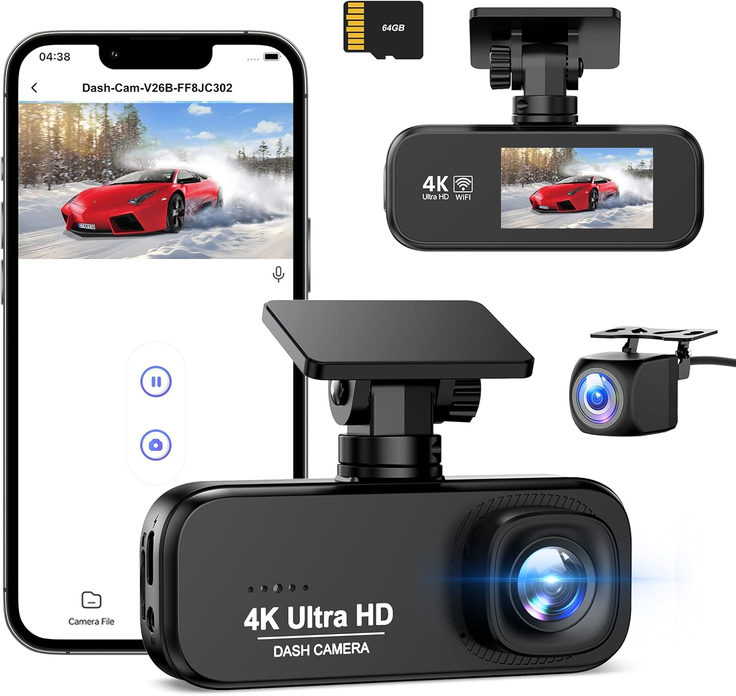 4K+1080P Dash Cam Front and Rear,Wifi Dual Dash Cam with Free 64GB Card, Super Night Vision, 24H Parking Mode, G-Sensor, WDR, APP, Loop Recording, Time-Lapse, 170&deg;/140&deg;, F1.8 Aperture, 4-Layer Lens image number 3