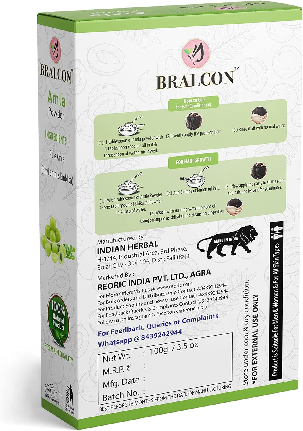 BRALCON Organic Amla, Hibiscus, Bhringraj Powder Combo -300G (100G X 3 Pack)| Hibiscus Powder, Amla Powder, Bhringraj Powder for Hair Growth, Hair and Skin Care |Hair Care & Face Pack Powder